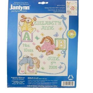 Janlynn Sleepy Bunnies Birth Cross Stitch Kit #054-0064 Baby Announcement 13x18